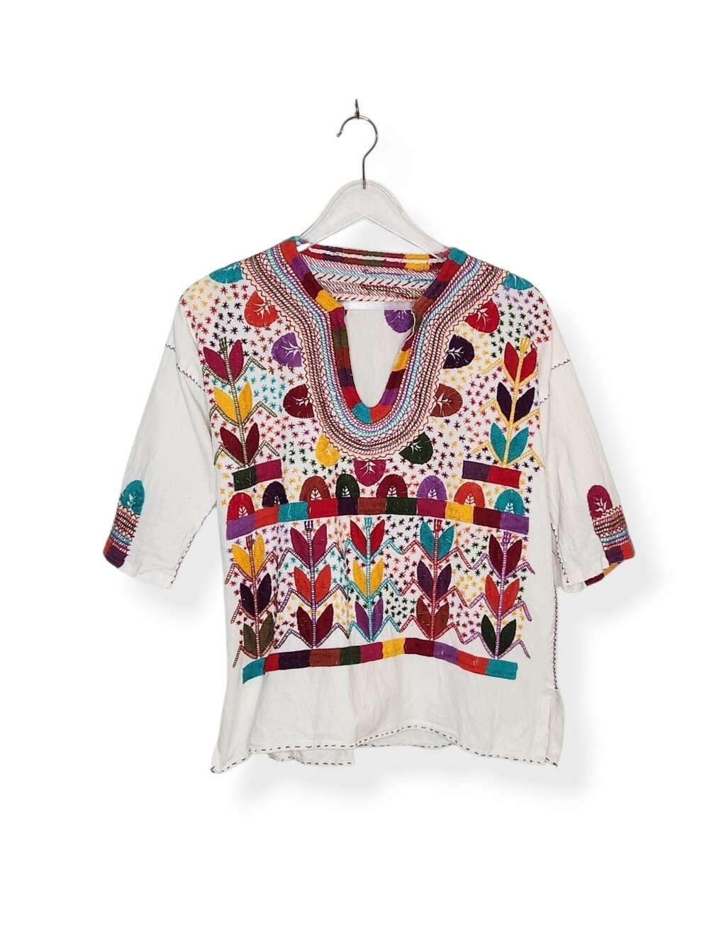 Oaxaca Mexico Hand-Embroidered White Multicolor Boho Cotton Women's Tunic Top